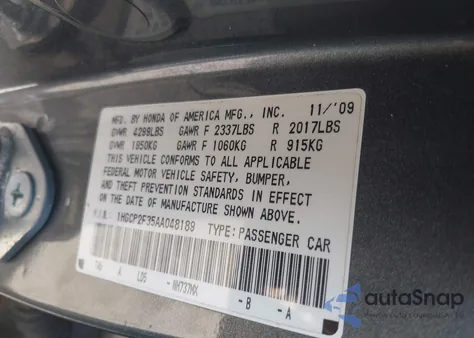 2010 Honda Accord 2.4 Lx z USA, uszkodzony, nr VIN 1HGCP2F35AA048189